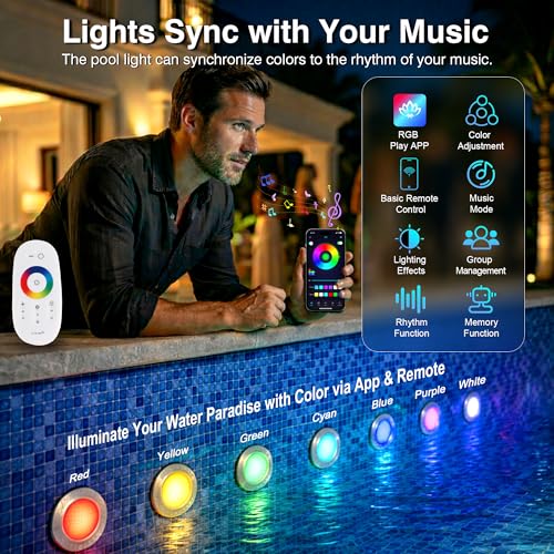 Pool Lights for Inground Pools, 10-Inch RGB LED Color-Changing Underwater Light, 50W, AC 120V, 50ft Cable with Controller, Remote & APP Control, IP68 Waterproof, Pool Niche Included